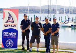 Flag Officers of the DSS and TYC at Beauty Point this morning, left to right: TYC Commodore Peter Newman, DSS Past Commodore and Race Director Ron Bugg, DSS Commodore Steve Chau, and DSS Vice Commodore Peter Haros. Photo Sam Tiedeman